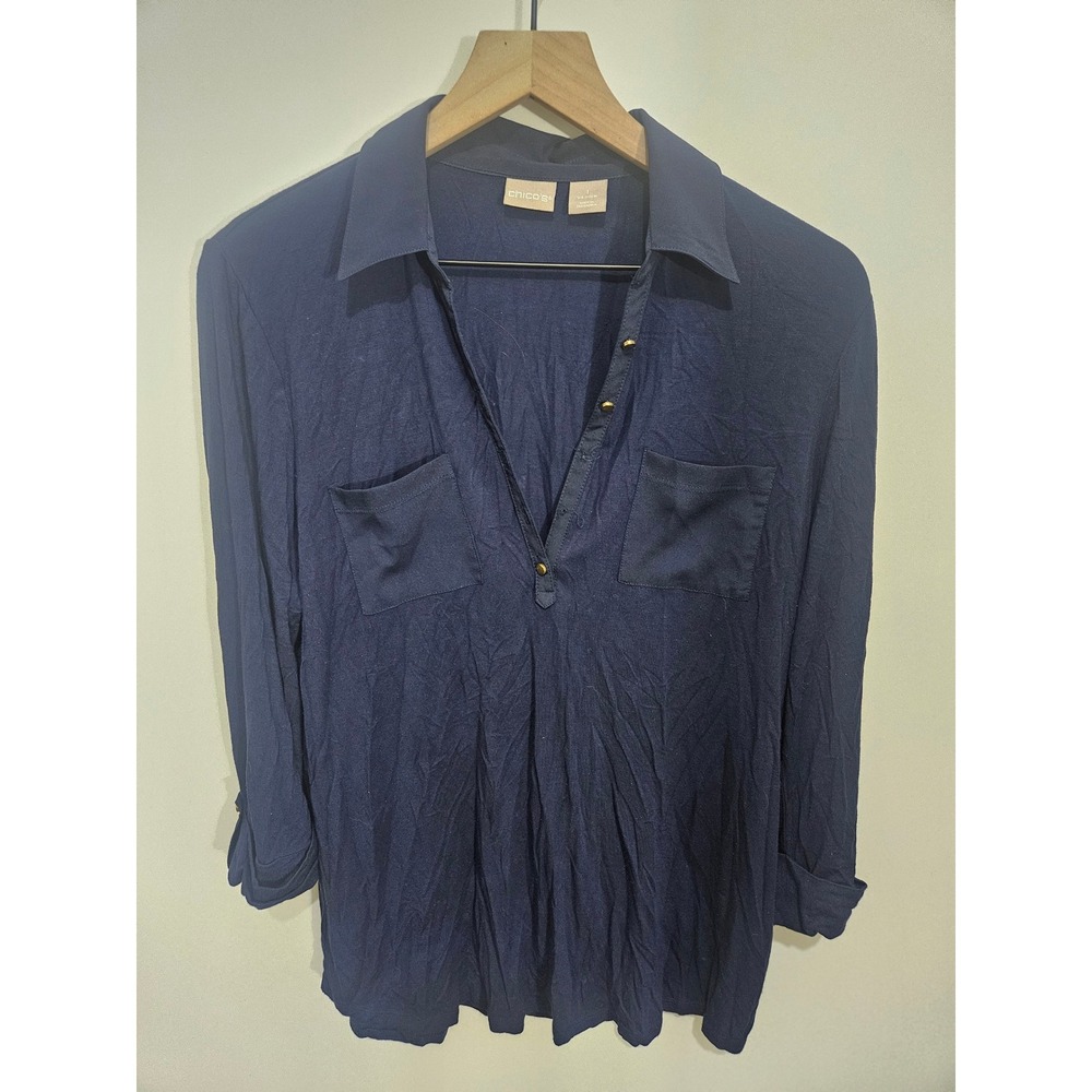 Chicos Navy Blue Knit Roll Tab Sleeve Tunic Top Gold‎ Buttons Womens Size 1 M